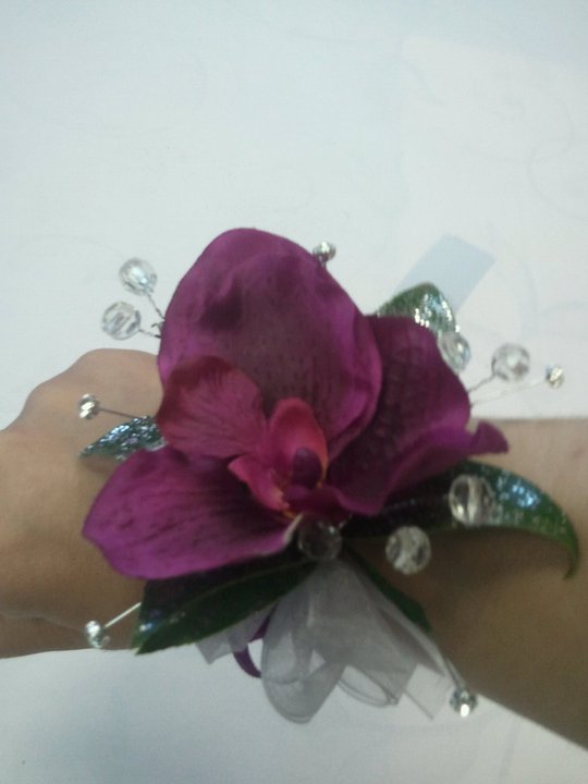 Eileen Jenkins Silk orchid and glitter wristcorsage